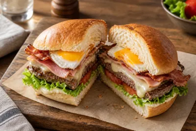 Chivito cu vită, șuncă, brânză topită, bacon, ou, roșii și salată într-o chiflă.