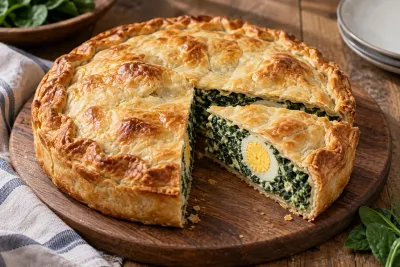 Pascualina aurie cu spanac și ricotta, tăiată pentru a arăta ouăle întregi coapte în umplutură.