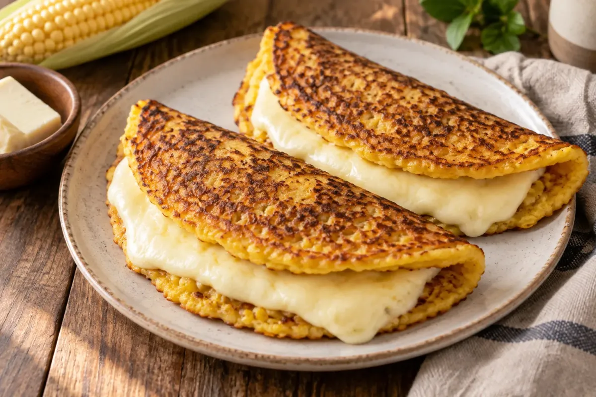 Cachapas aurii de porumb dulce, pliate și umplute cu brânză albă topită.