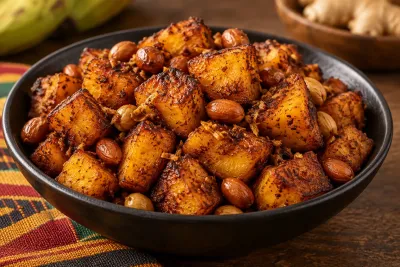 Cuburi caramelizate de plantain condimentat, presărate cu arahide prăjite.