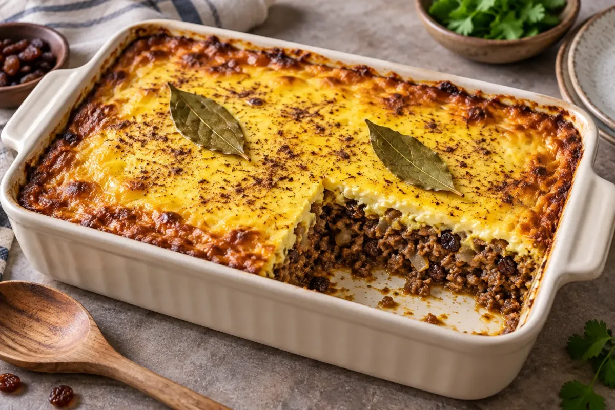 Bobotie într-un vas de cuptor, cu crustă aurie de ou și umplutură de carne vizibilă într-un colț.