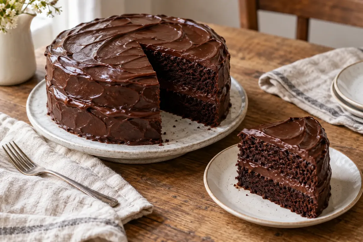 Tort cu două blaturi de cacao și ganache, tăiat pentru a arăta stratul de cremă din mijloc.