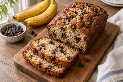 Banana bread auriu cu bucăți de ciocolată, prezentat întreg și în două felii pe un tocător.