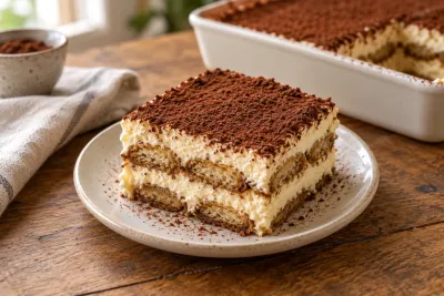 Felie de tiramisu cu două straturi de pișcoturi cu cafea, cremă de mascarpone și cacao deasupra.