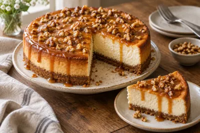 Felie de cheesecake copt cu bază de biscuiți, sos lucios de caramel și bucăți de nucă.