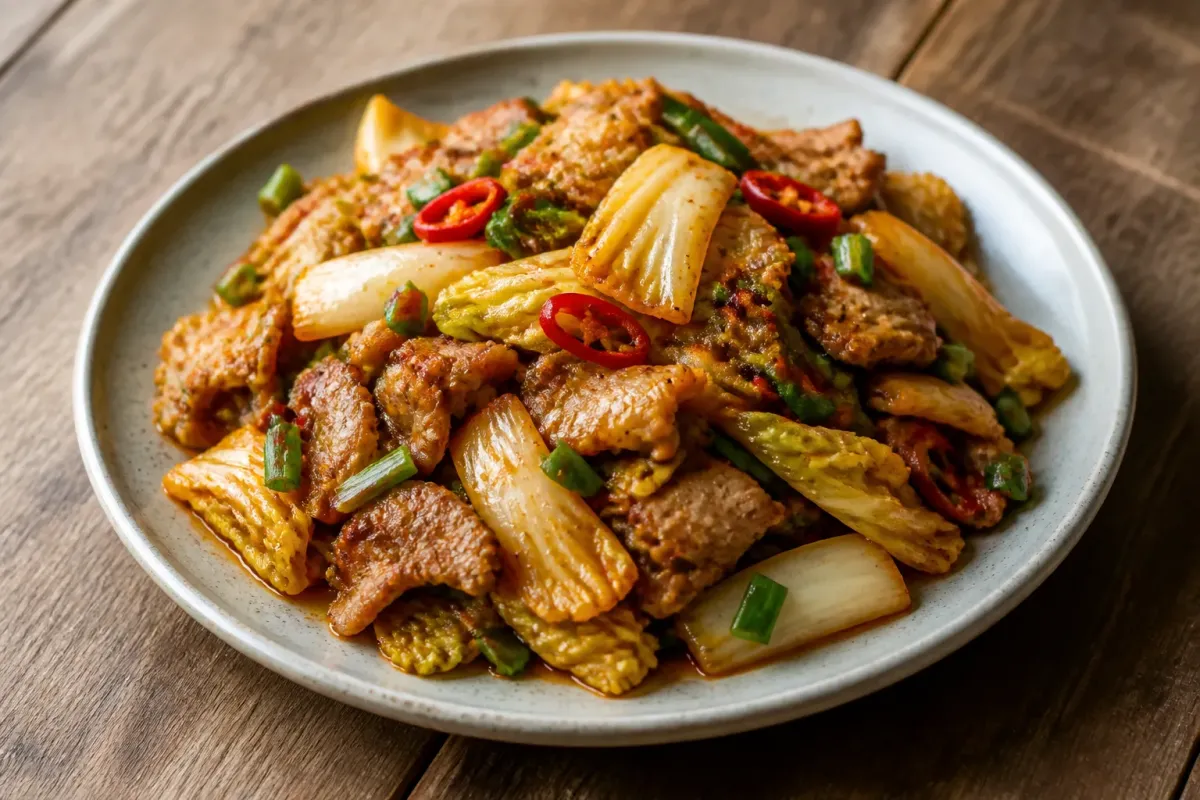 Stir-fry coreean picant cu carne de porc și varză chinezească - imagine generată cu AI