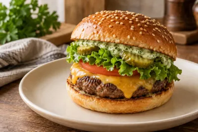 Burger de vită cu cheddar și maioneză cu chimichurri - imagine de prezentare generată cu AI