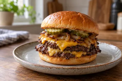Smash burger dublu cu ceapă și murături - imagine de prezentare generată cu AI