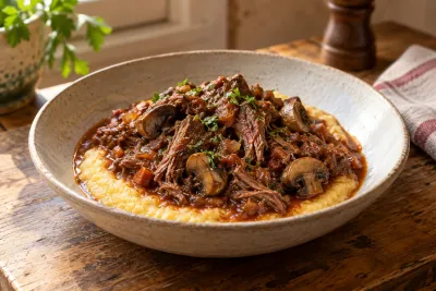 Ragù de capră cu ciuperci și mămăligă - imagine de prezentare generată cu AI