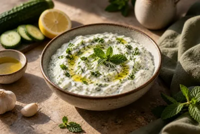 Tzatziki cu castravete și mentă - imagine de prezentare generată cu AI
