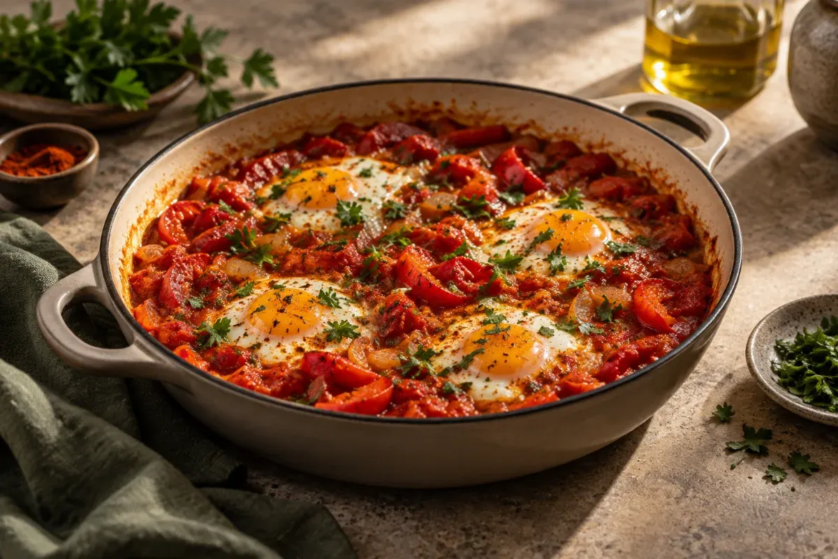Shakshuka cu ardei și roșii - imagine de prezentare generată cu AI