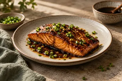 Somon teriyaki la tigaie - imagine de prezentare generată cu AI