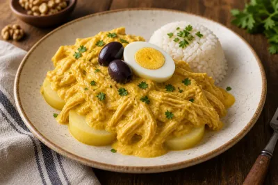 Ají de gallina cu sos galben cremos peste cartofi, alături de orez alb, ou fiert și măsline negre.
