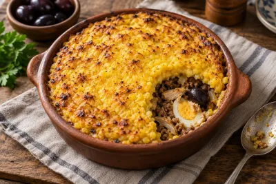 Pastel de choclo cu crustă aurie de porumb și umplutură de carne, ou și măsline, într-un vas de ceramică.