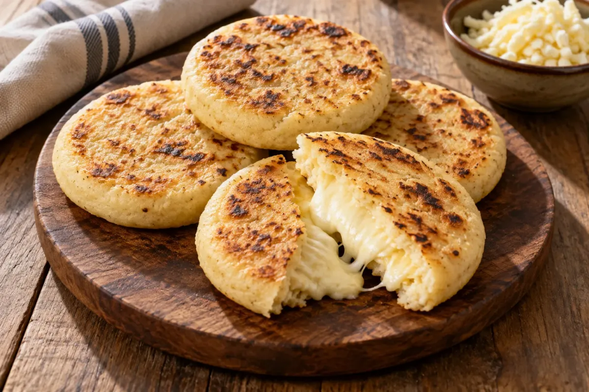 Arepas columbiene rumenite, cu umplutură de brânză topită, așezate pe o farfurie, una desfăcută.