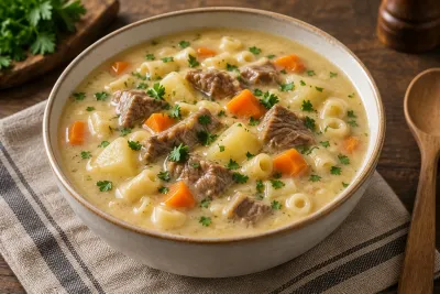 Sopa de maní cremoasă cu bucăți de vită fragedă, cartofi, paste scurte, mazăre și pătrunjel.