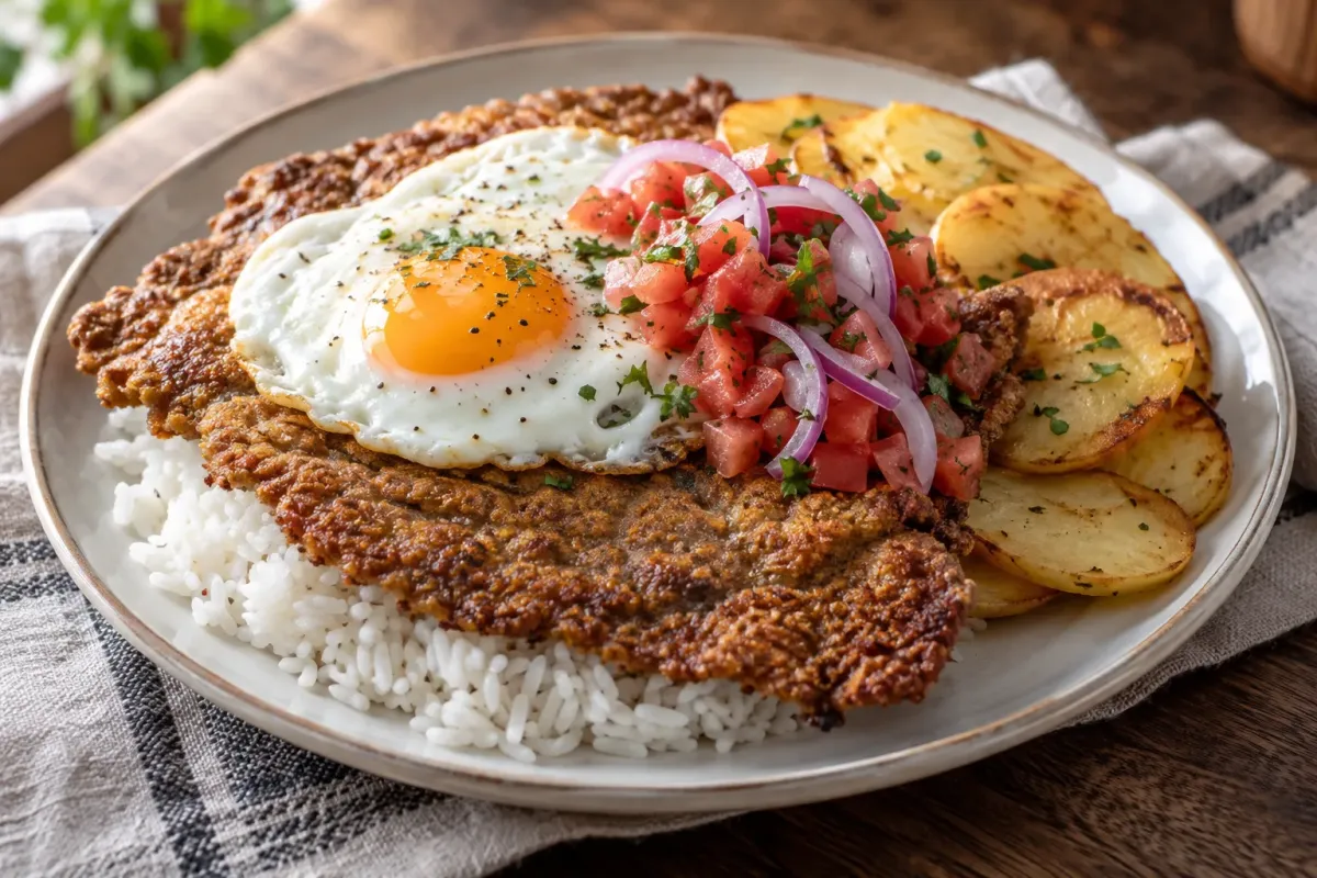 Silpancho cu vită subțire rumenită, orez, rondele de cartofi, ou ochi și salată de roșii.