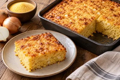 Sopa paraguaya tăiată în pătrate, cu miez de porumb, ceapă și brânză și crustă aurie.